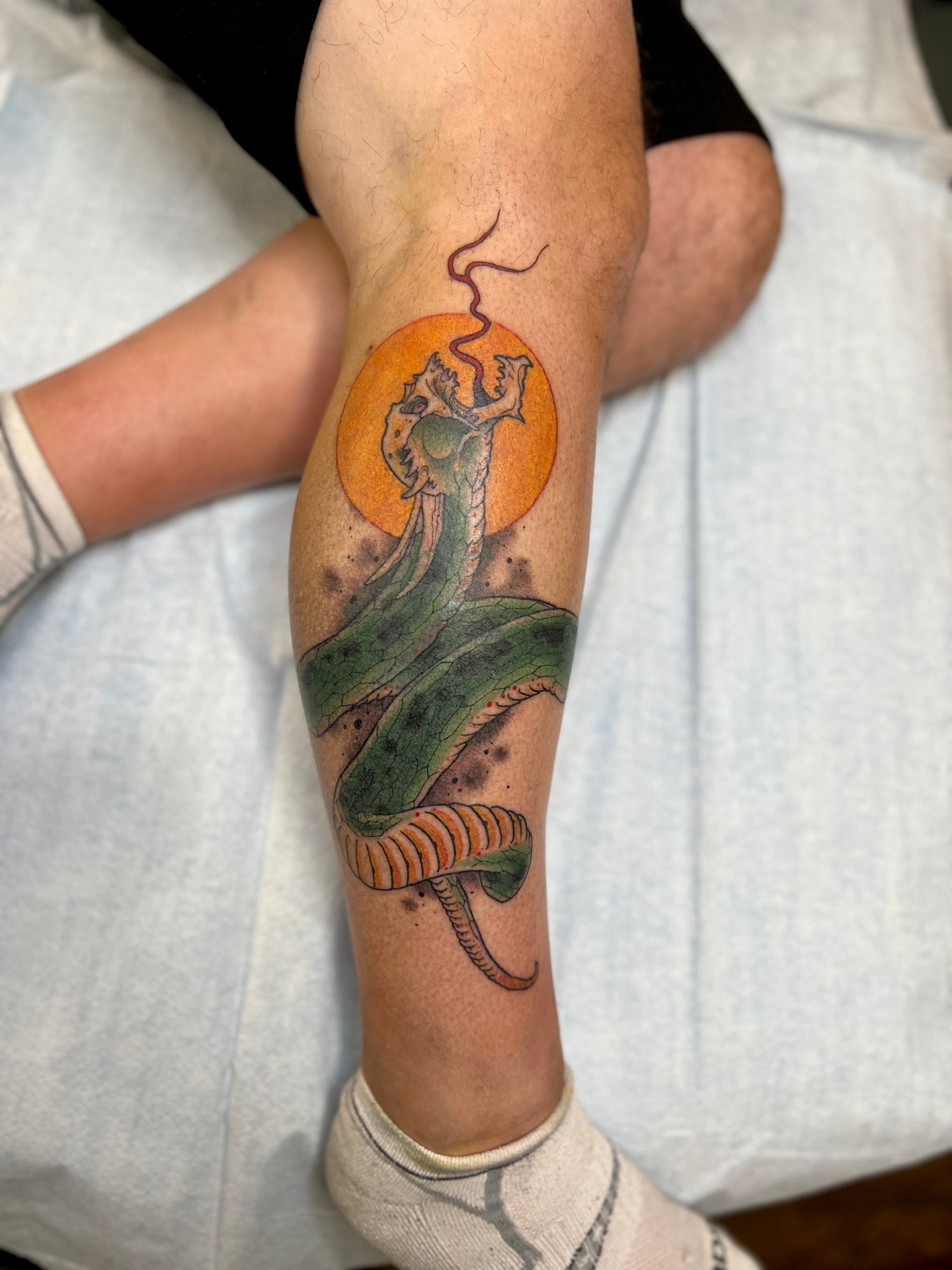 Serpent tattoo with orange sun and green body by Crimson Empire Tattoo